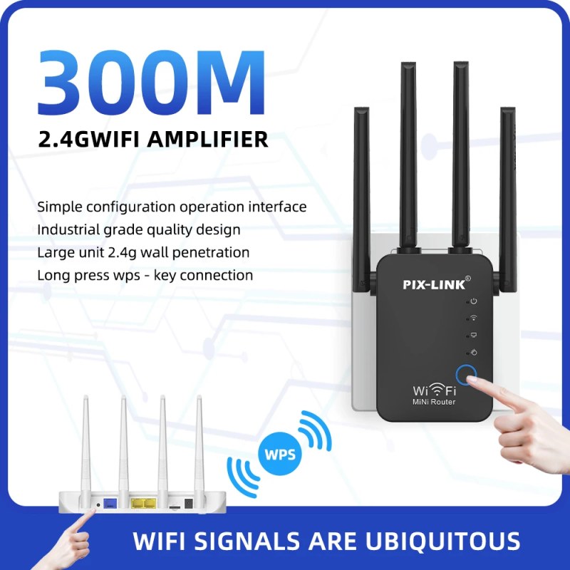 PIX-LINK 2.4G 300Mbps WiFi Signal Amplifier | Wireless Router Dual Antenna Repeater