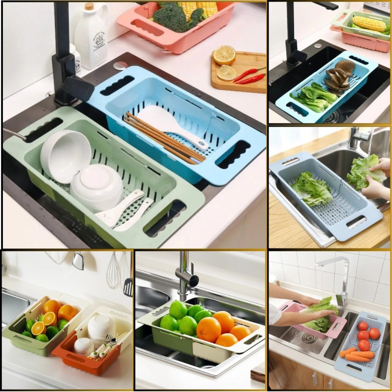 Over-the-Sink Collapsible Colander – Expandable Fruit & Vegetable Washing Basket Strainer