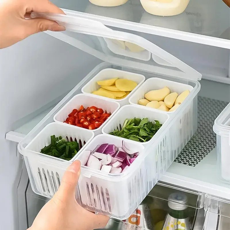 6-Grid Refrigerator Organizer Storage Box – PP Food & Vegetable Drain Basket with Fresh-Keeping Compartments