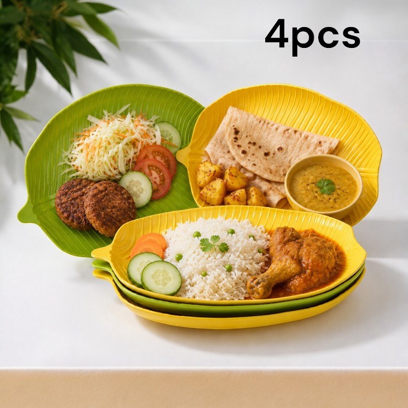 4-Piece Leaf-Shaped Fruit & Snack Serving Tray – Large Capacity Plastic Salad & Snack Plates