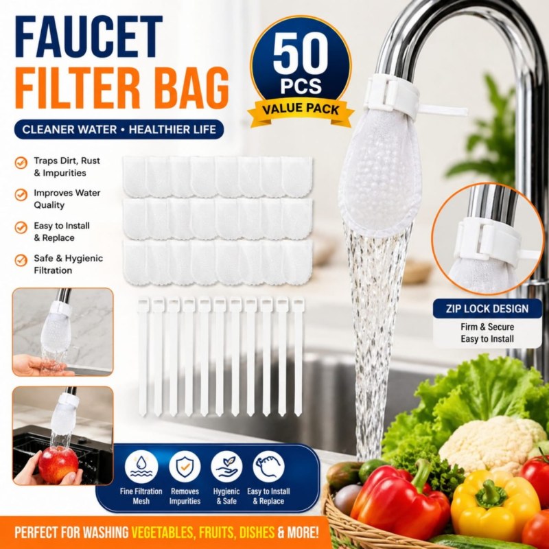 50-Piece Universal Faucet Filter Set – Anti-Splash Thickened Cotton Water Filter with 10 T-Straps