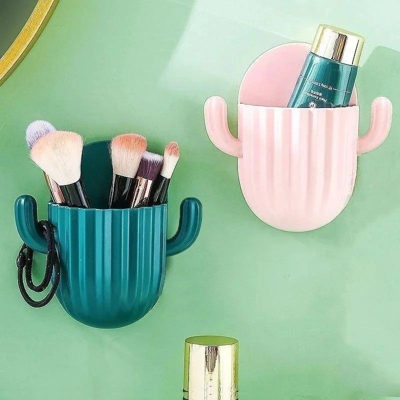 1Pc Self-Adhesive Cactus Toothbrush Holder with Drain Shelf