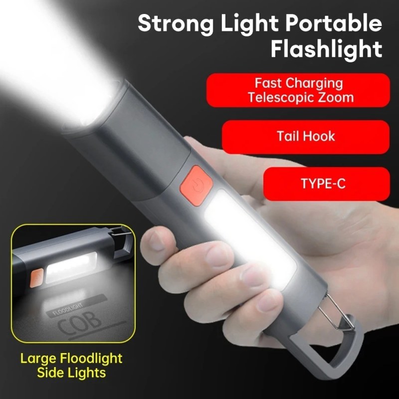 Super Bright COB LED Mini Flashlight – XPE Zoomable Rechargeable Waterproof Torch with Side Light
